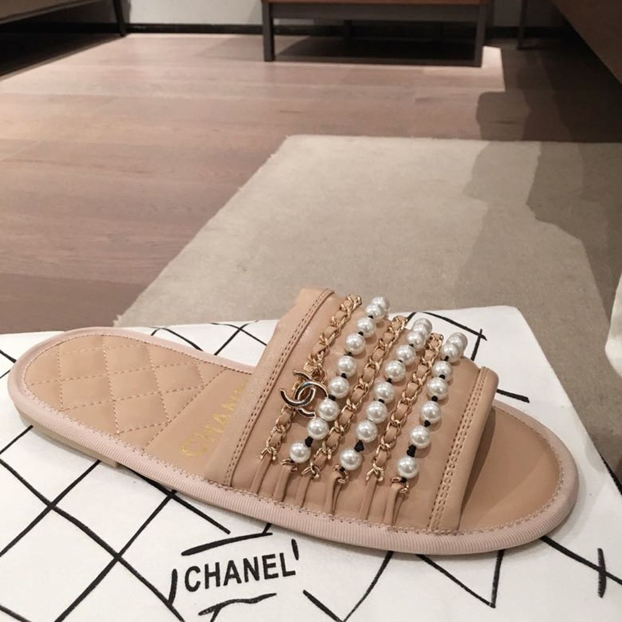 Chanel Pearl Embellished Quilted Slippers PVC/Lambskin Leather Spring/Summer Collection, Beige