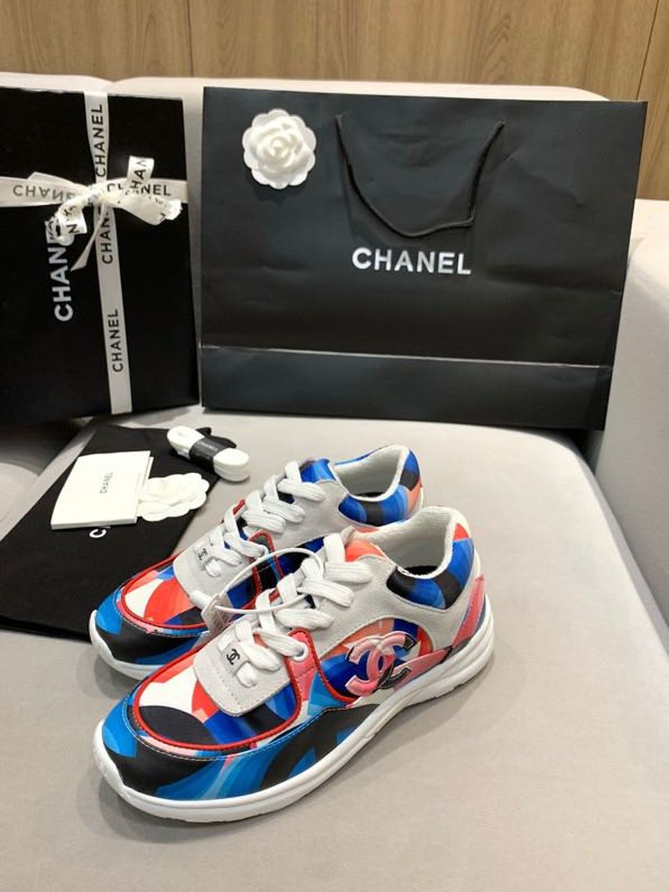 Chanel Nylon Trainer Sneakers Lambskin & Suede Leather Spring/Summer Collection White/Red/Multicolor