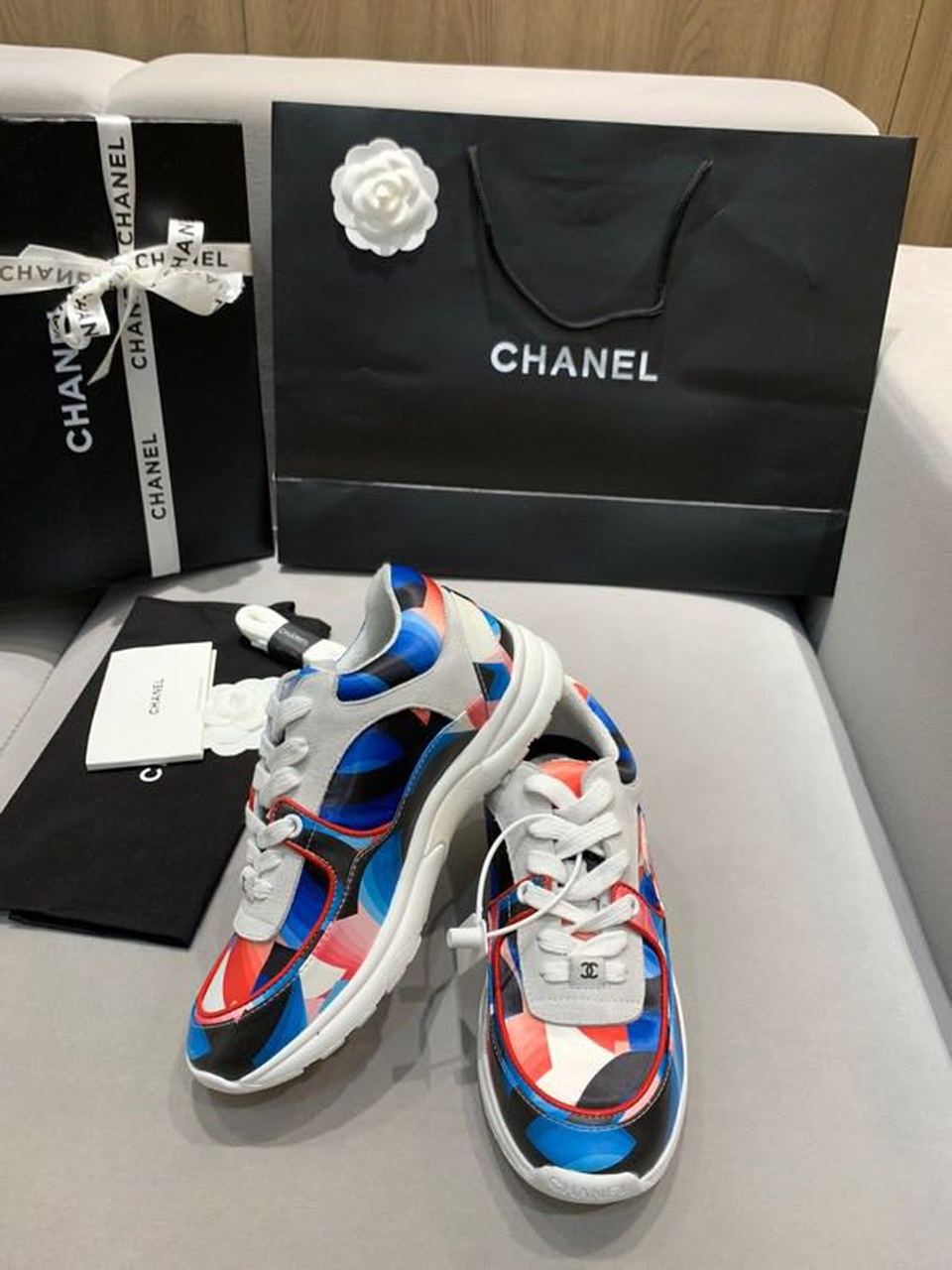 Chanel Nylon Trainer Sneakers Lambskin & Suede Leather Spring/Summer Collection White/Red/Multicolor