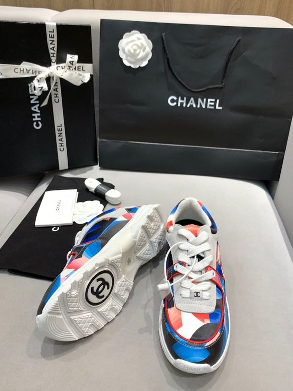 Chanel Nylon Trainer Sneakers Lambskin & Suede Leather Spring/Summer Collection White/Red/Multicolor