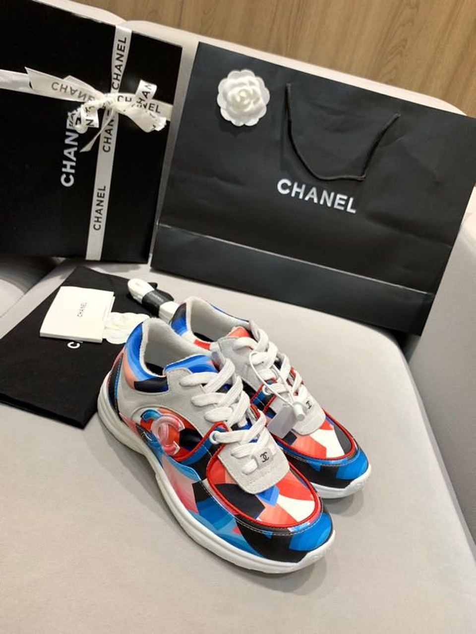 Chanel Nylon Trainer Sneakers Lambskin & Suede Leather Spring/Summer Collection White/Red/Multicolor