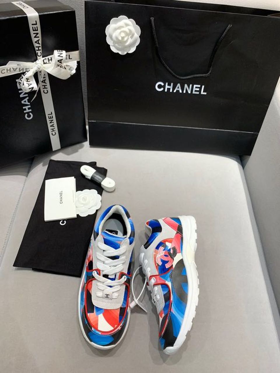 Chanel Nylon Trainer Sneakers Lambskin & Suede Leather Spring/Summer Collection White/Red/Multicolor