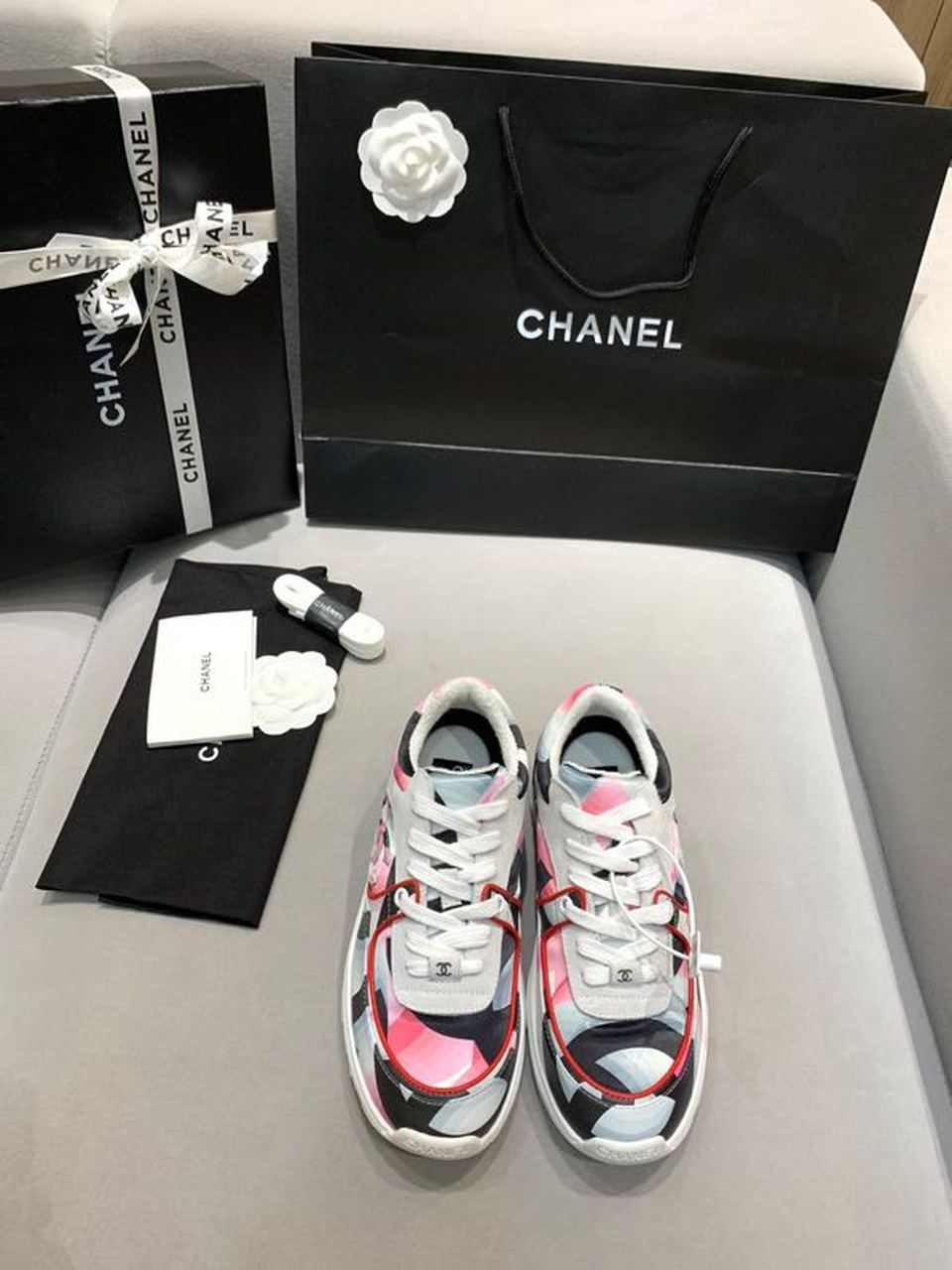 Chanel Nylon Trainer Sneakers Lambskin & Suede Leather Spring/Summer Collection White/Pink/Multicolor
