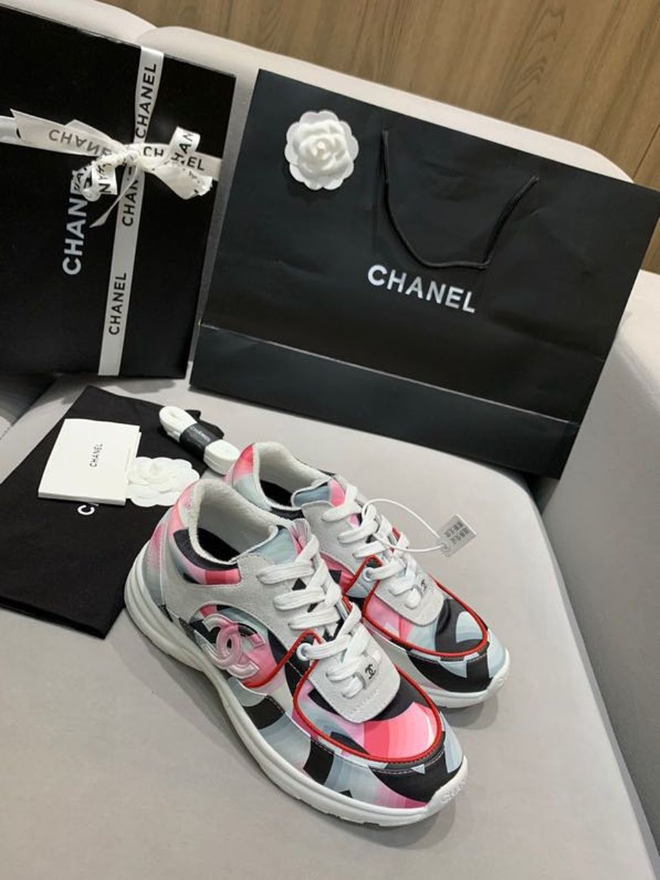 Chanel Nylon Trainer Sneakers Lambskin & Suede Leather Spring/Summer Collection White/Pink/Multicolor