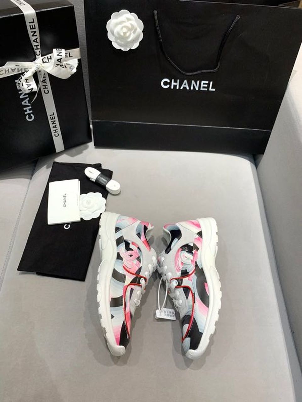 Chanel Nylon Trainer Sneakers Lambskin & Suede Leather Spring/Summer Collection White/Pink/Multicolor