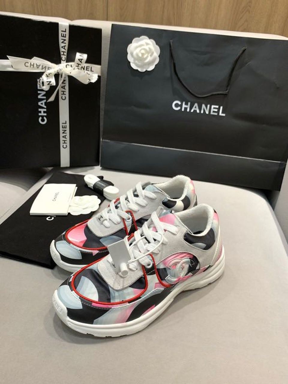 Chanel Nylon Trainer Sneakers Lambskin & Suede Leather Spring/Summer Collection White/Pink/Multicolor