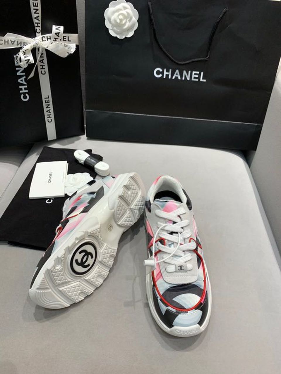 Chanel Nylon Trainer Sneakers Lambskin & Suede Leather Spring/Summer Collection White/Pink/Multicolor