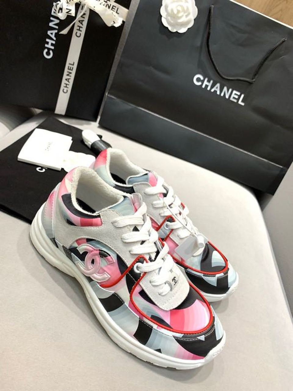 Chanel Nylon Trainer Sneakers Lambskin & Suede Leather Spring/Summer Collection White/Pink/Multicolor
