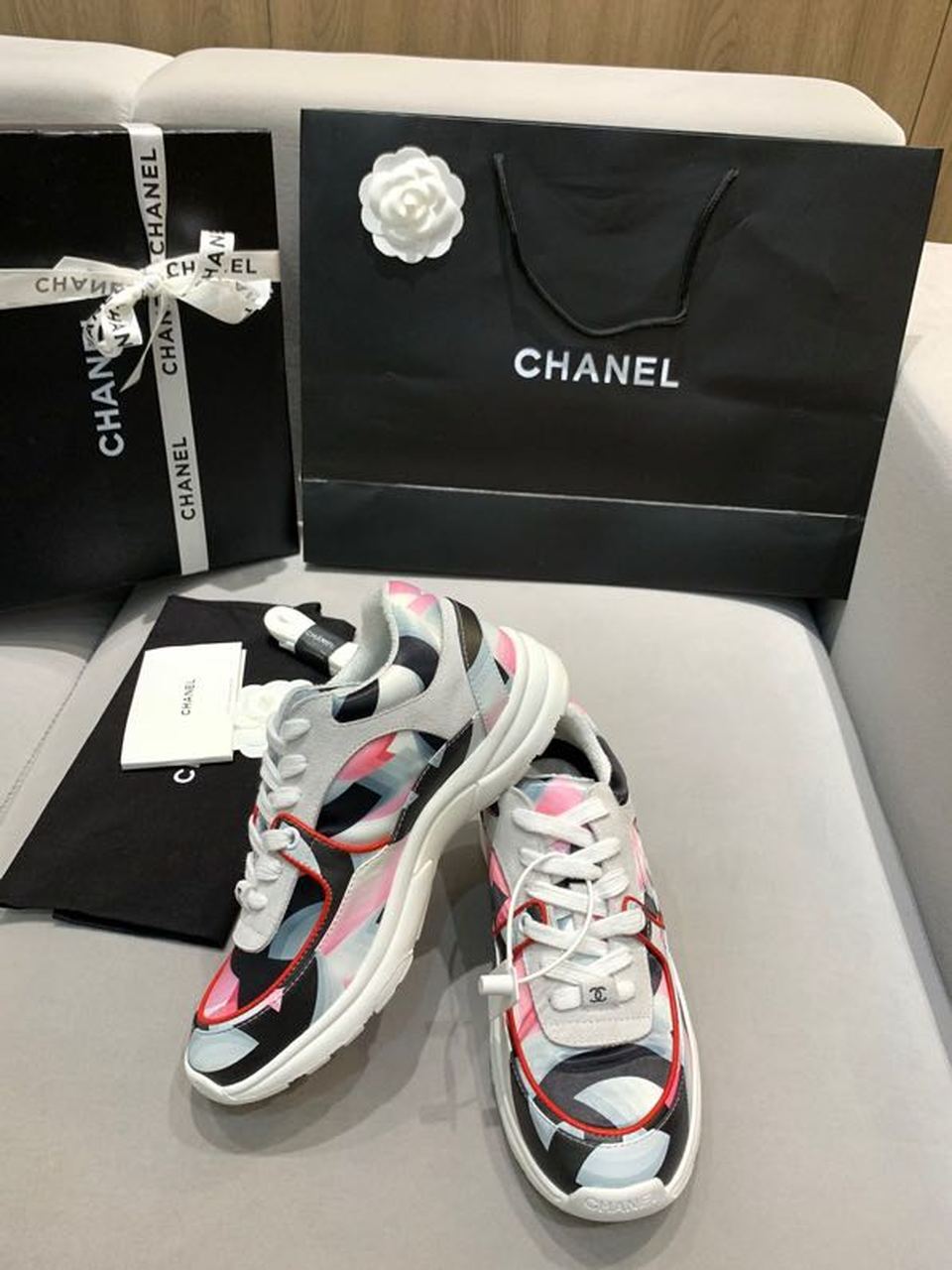 Chanel Nylon Trainer Sneakers Lambskin & Suede Leather Spring/Summer Collection White/Pink/Multicolor