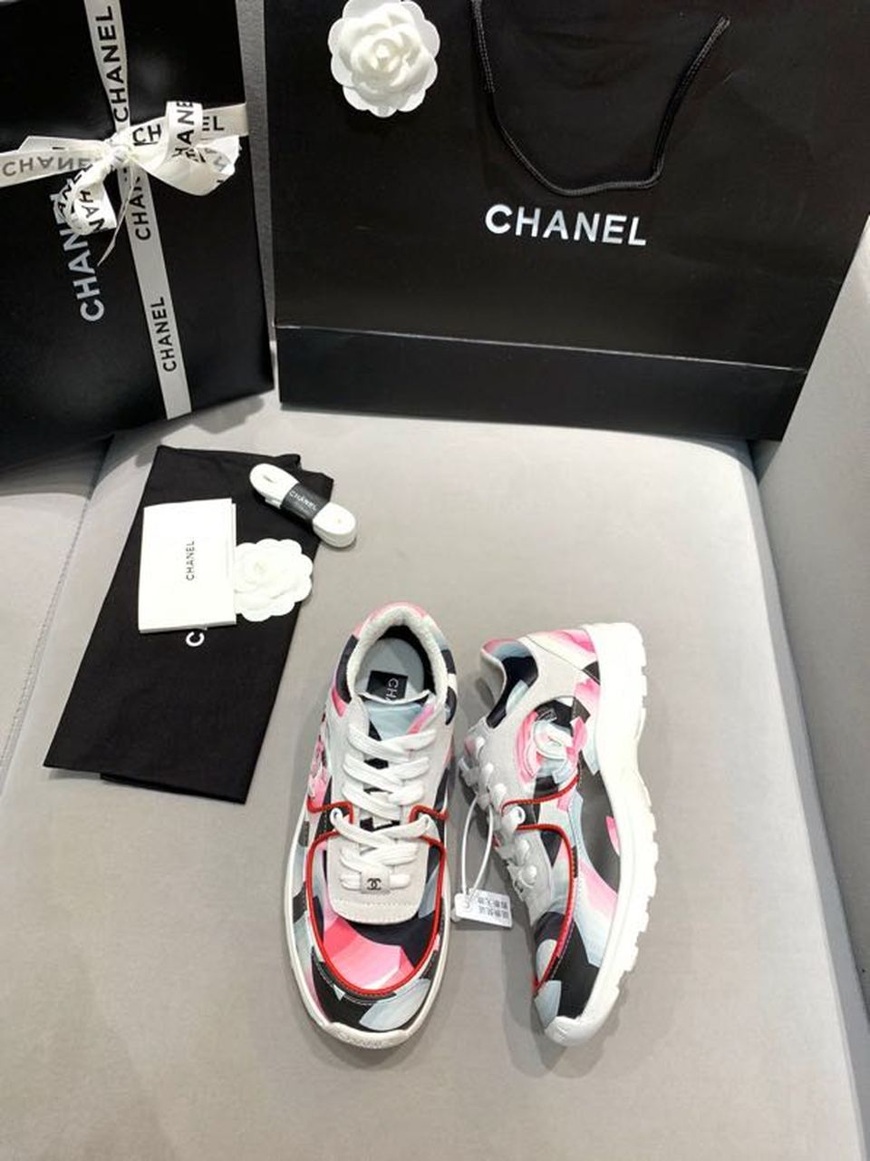 Chanel Nylon Trainer Sneakers Lambskin & Suede Leather Spring/Summer Collection White/Pink/Multicolor