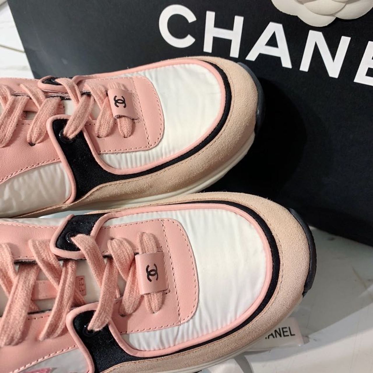 Chanel Nylon Trainer Sneakers Lambskin & Suede Leather Spring/Summer Collection, Light Pink/White