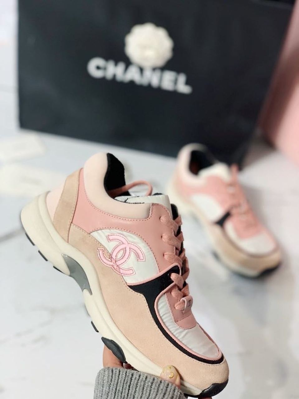 Chanel Nylon Trainer Sneakers Lambskin & Suede Leather Spring/Summer Collection, Light Pink/White