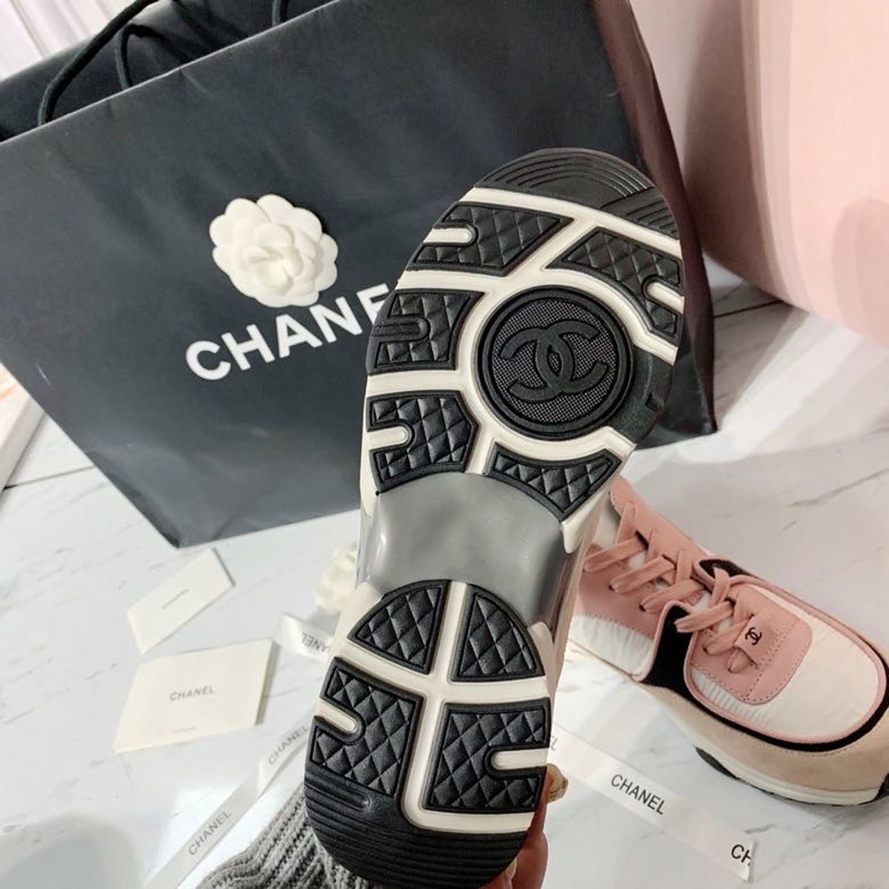 Chanel Nylon Trainer Sneakers Lambskin & Suede Leather Spring/Summer Collection, Light Pink/White