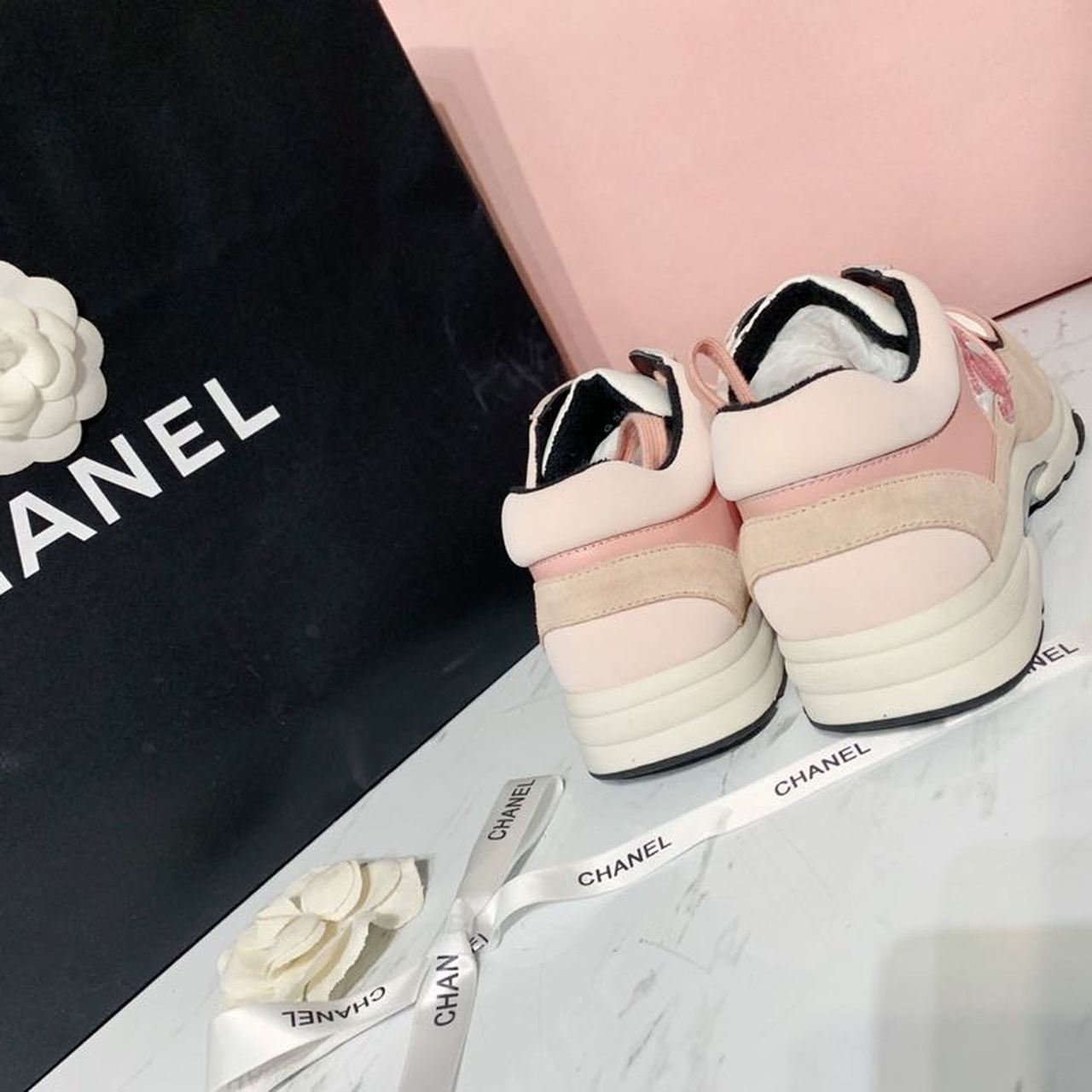 Chanel Nylon Trainer Sneakers Lambskin & Suede Leather Spring/Summer Collection, Light Pink/White