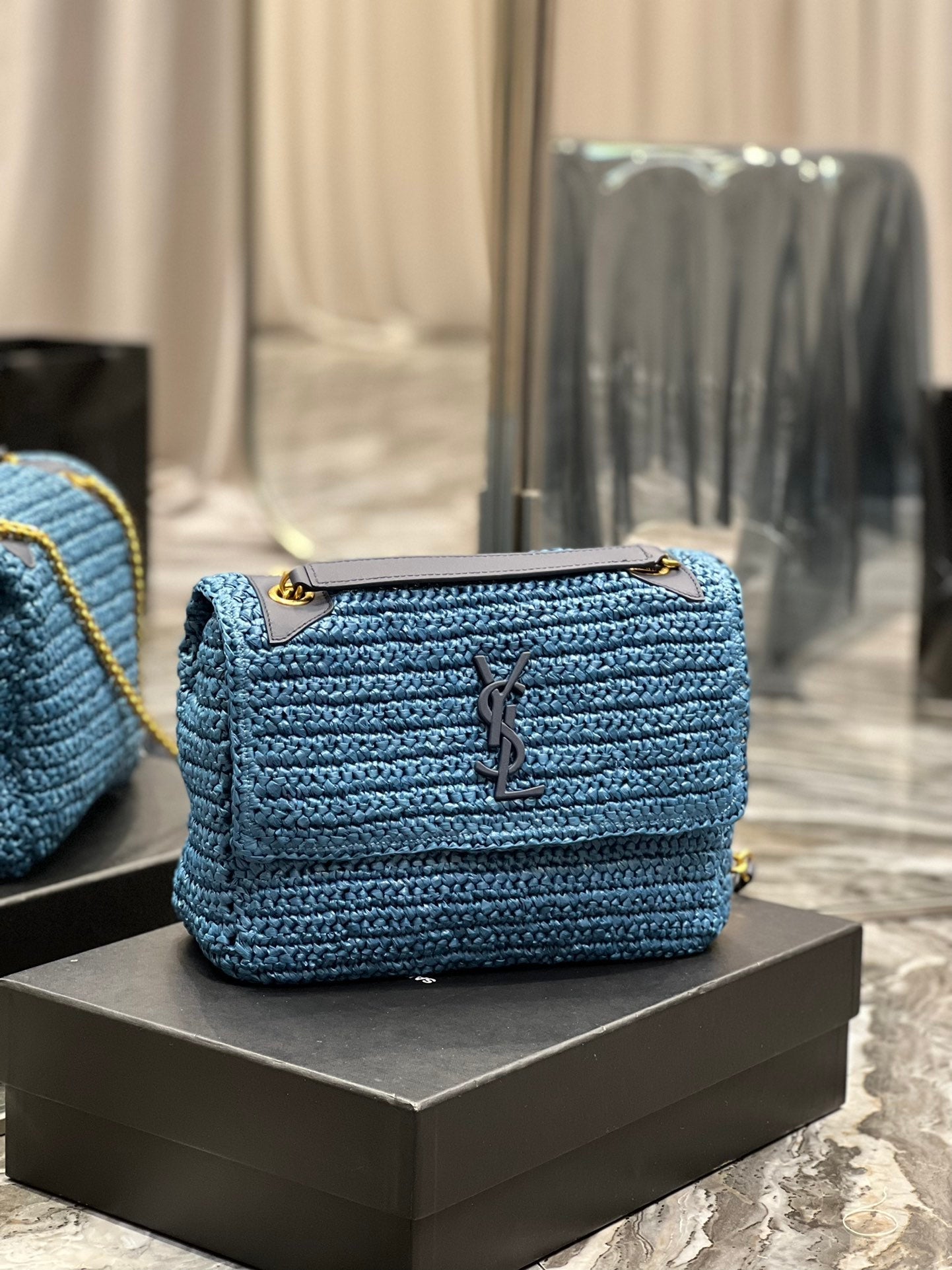 Saint Laurent Niki Medium Chain Bag In Rafia For Women 28cm Blue YSL 633187GG66W4246