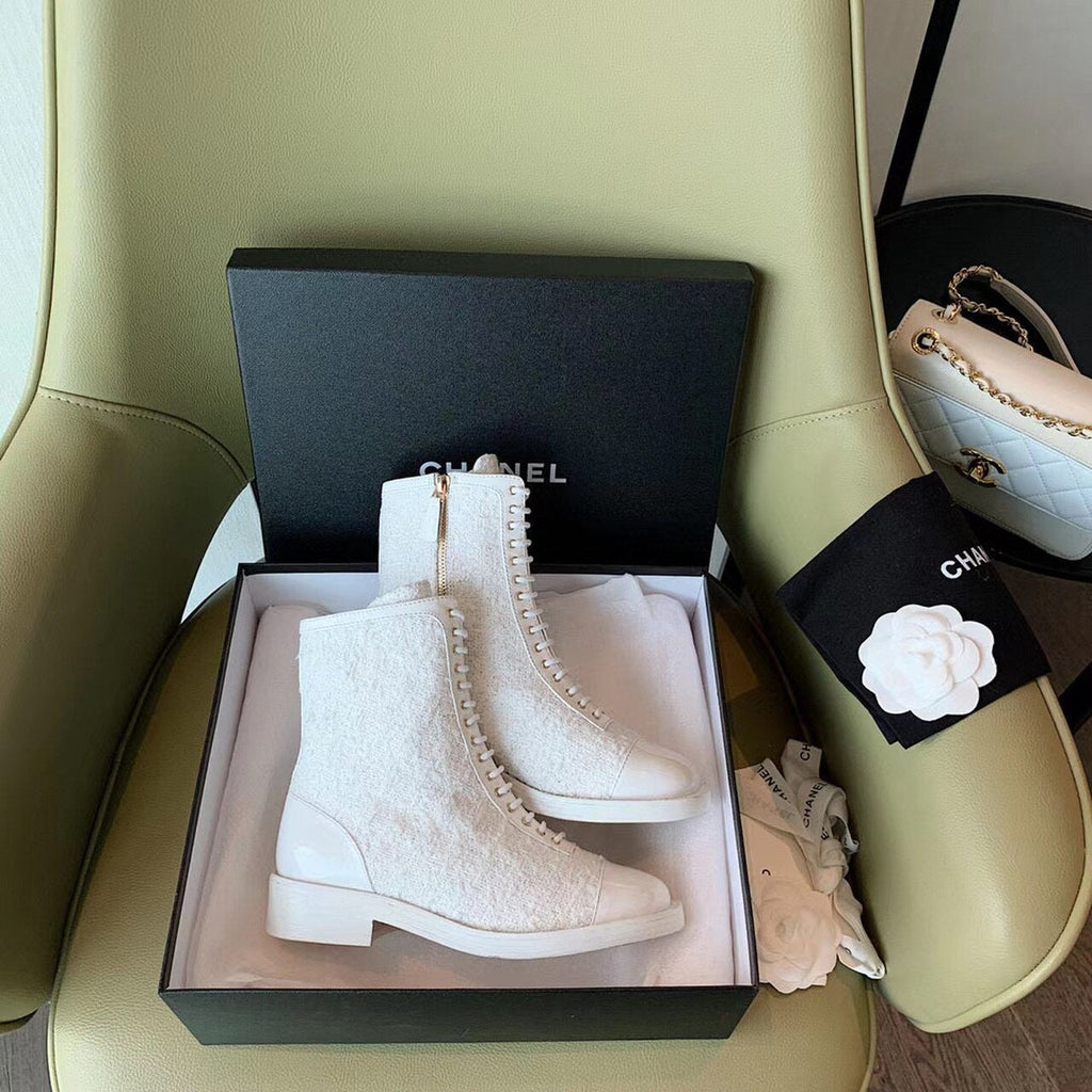 Chanel Tweed Lace Up Combat Boots Calfskin Leather Spring/Summe Collection, White