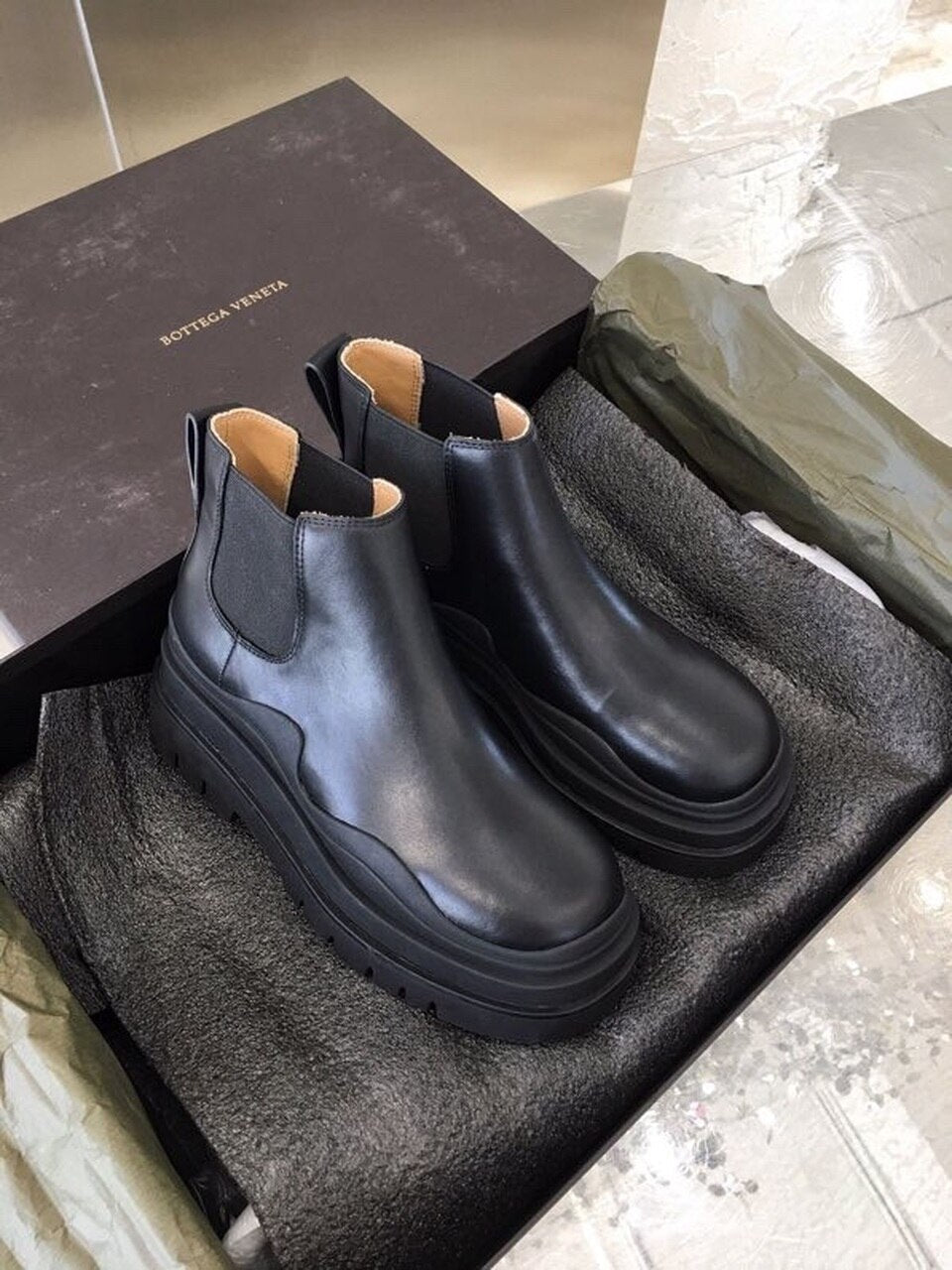 Bottega Veneta Flat Triple-Sole Leather Booties Calfskin Leather Fall/Winter 2020 Collection, Black