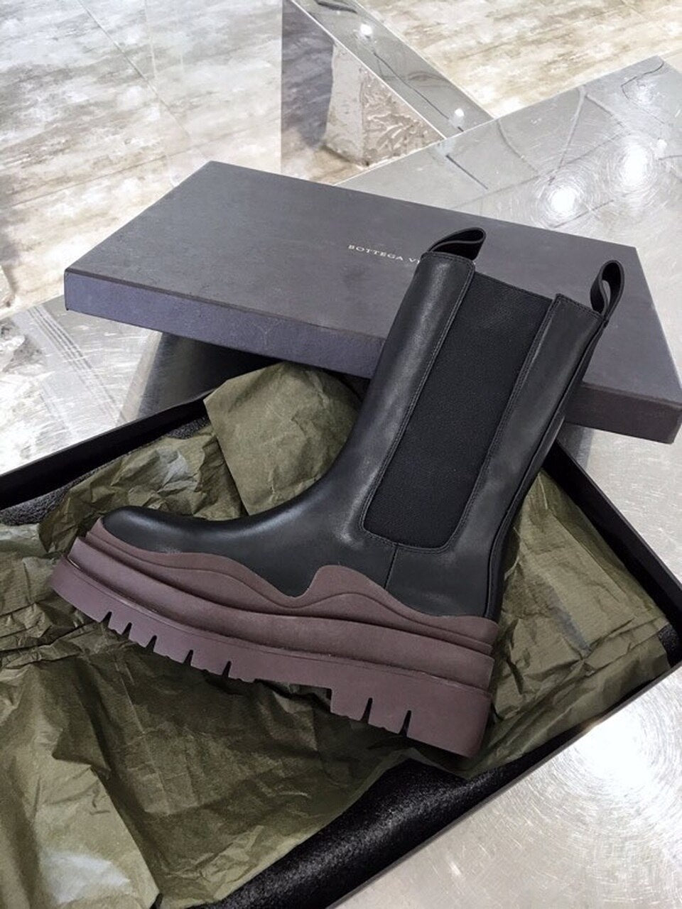 Bottega Veneta Flat Triple-Sole Leather Boots Calfskin Leather Fall/Winter 2020 Collection, Black/Brown