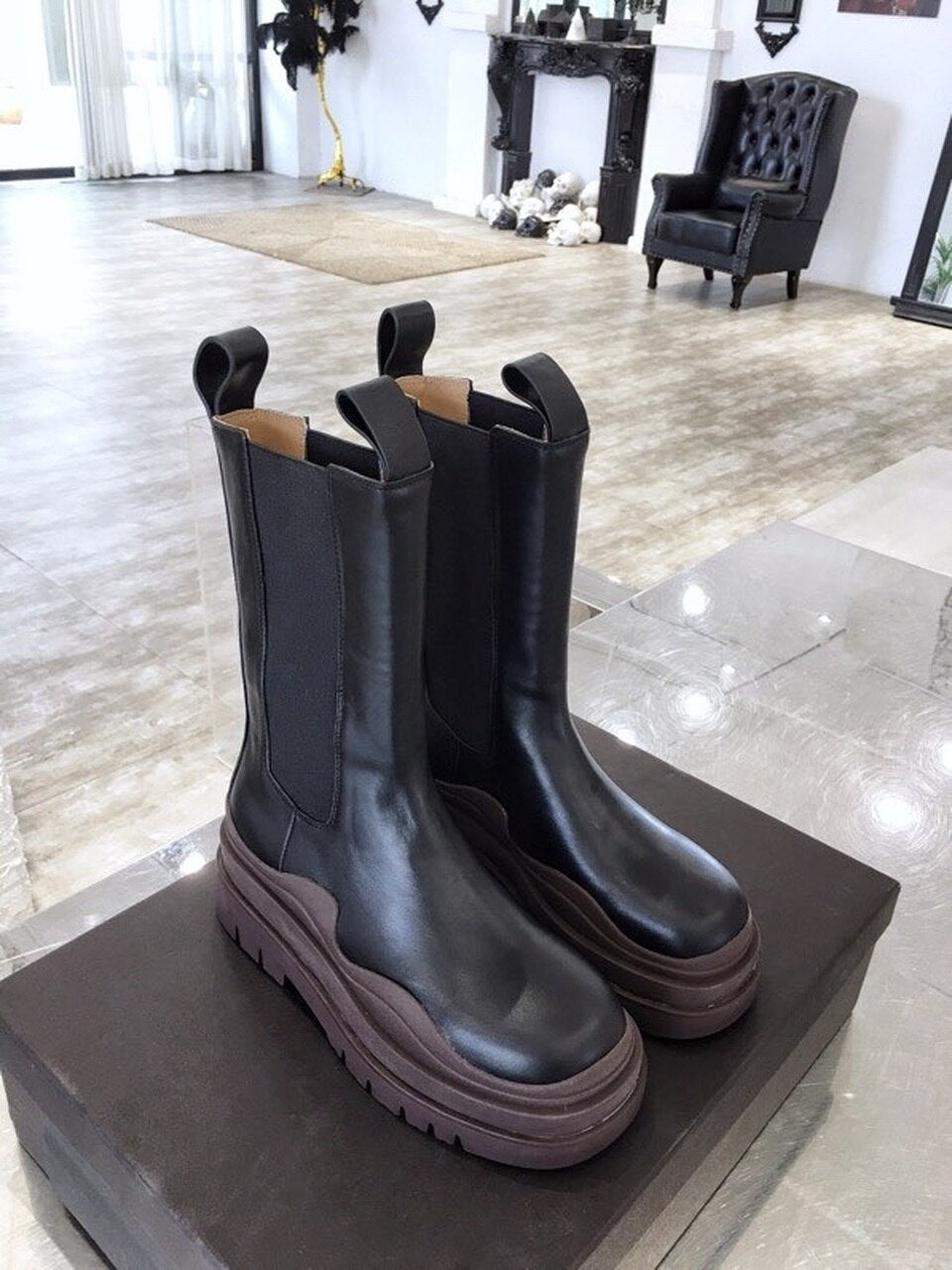 Bottega Veneta Flat Triple-Sole Leather Boots Calfskin Leather Fall/Winter 2020 Collection, Black/Brown