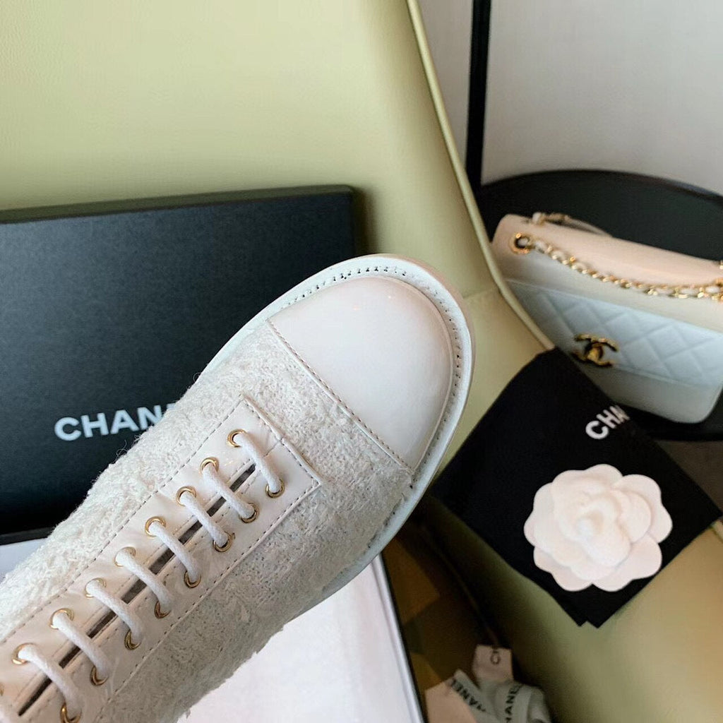 Chanel Tweed Lace Up Combat Boots Calfskin Leather Spring/Summe Collection, White