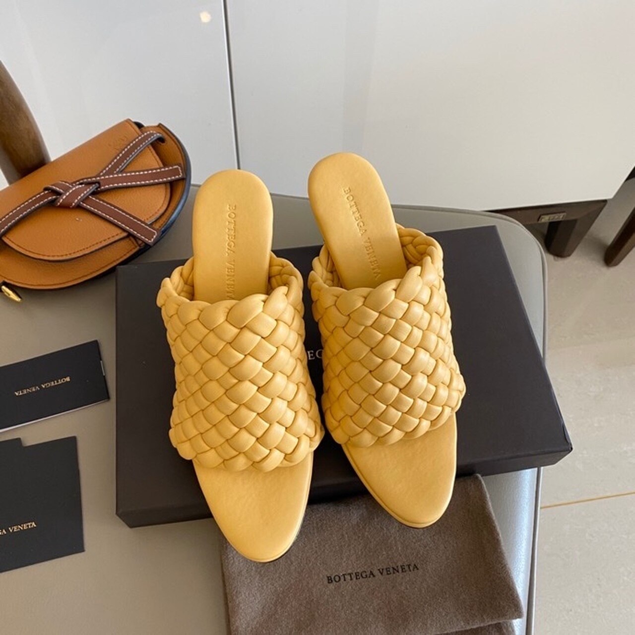 Bottega Veneta Curve Mules 9.5cm Heel Lambskin Leather Spring/Summer 2020 Collection, Saffron