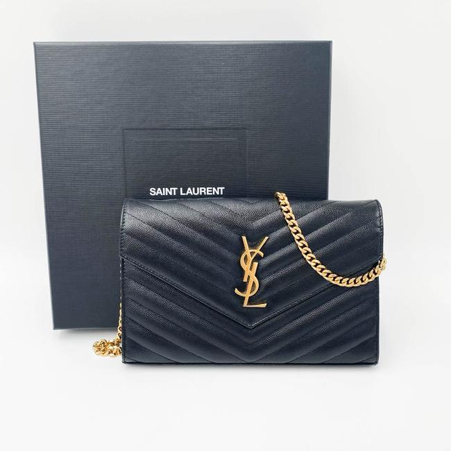 Saint Laurent Chain Wallet Grain De Poudre Matelasse Chevron Monogram Black Leather Shoulder Bag