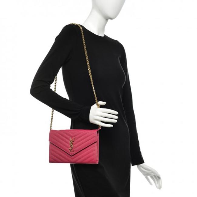 Saint Laurent Chain Wallet Grain De Poudre Matelasse Chevron Woc Lipstick Fuchsia Pink Leather Cross Body Bag