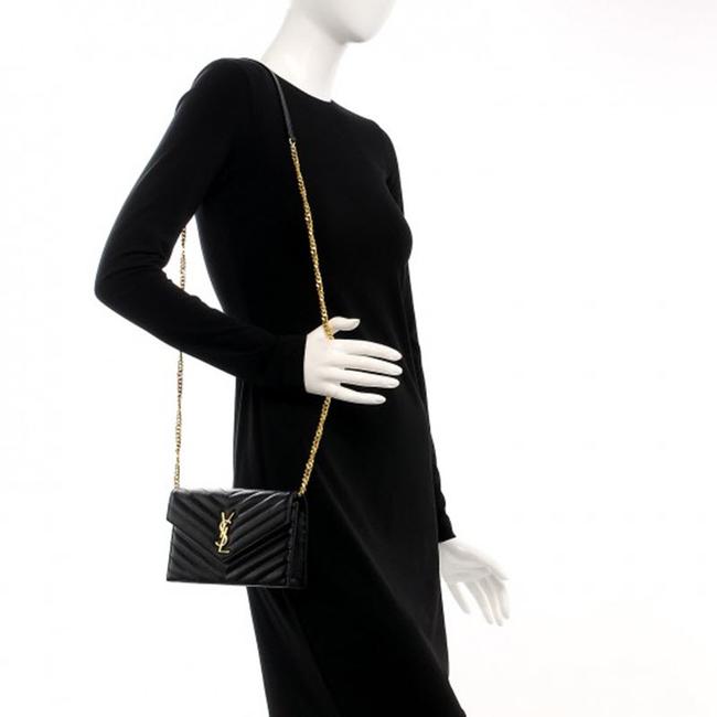Saint Laurent Monogram Envelope Chain Wallet Grain De Poudre Matelasse Chevron Black Leather Shoulder Bag