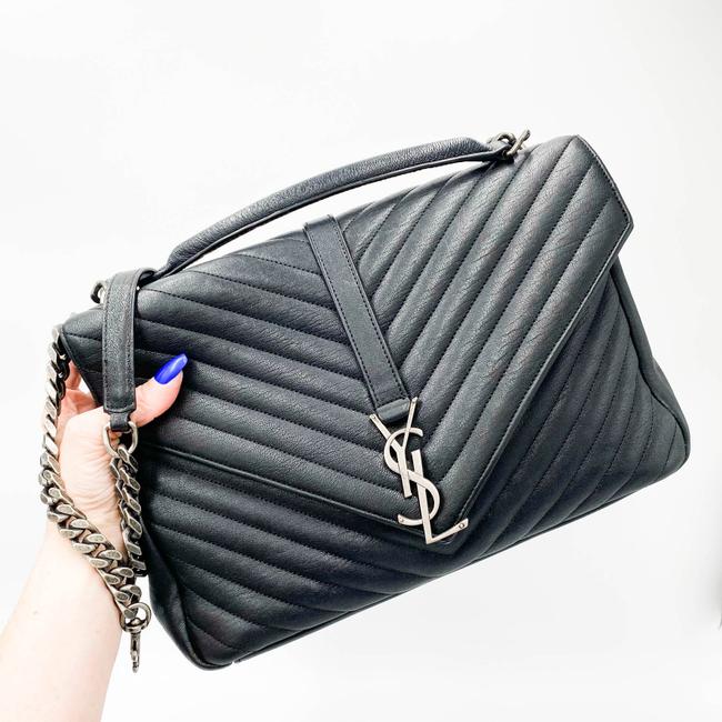 SAINT LAURENT Sheepskin Matelasse Chevron Monogram Large College Satchel Black Leather Shoulder Bag