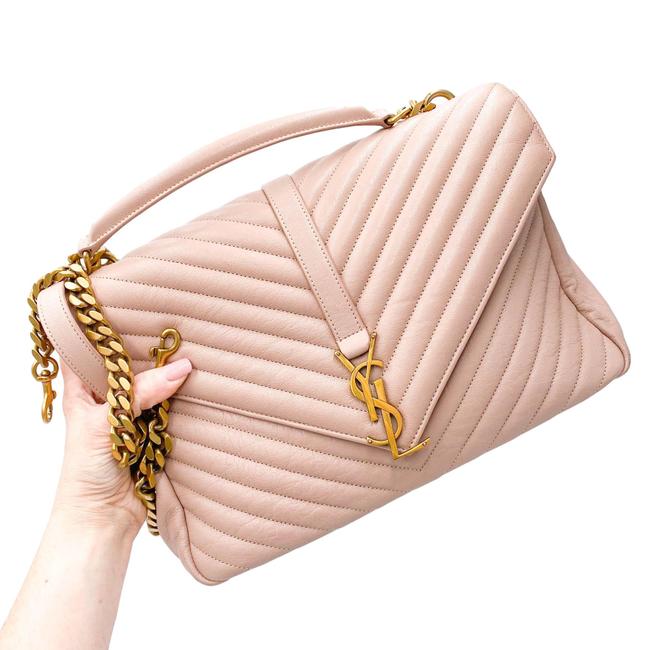 Saint Laurent Sheepskin Matelasse Chevron Monogram Large College Satchel Pink Leather Shoulder Bag