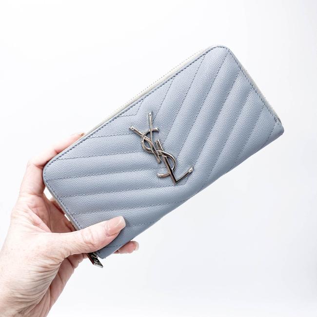 Saint Laurent Grey Grain De Poudre Matelasse Chevron Monogram Zip Around Wallet