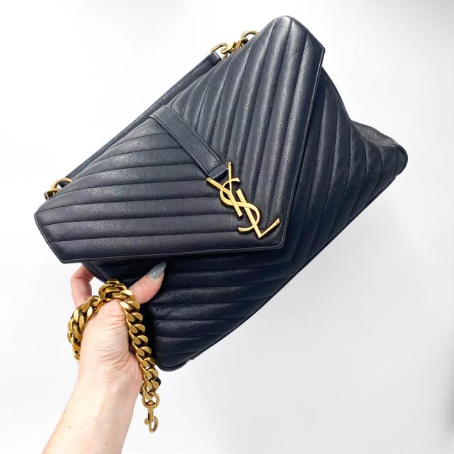 Saint Laurent Ghw Matelasse Chevron Monogram Large College Satchel Black Sheepskin Leather Shoulder Bag