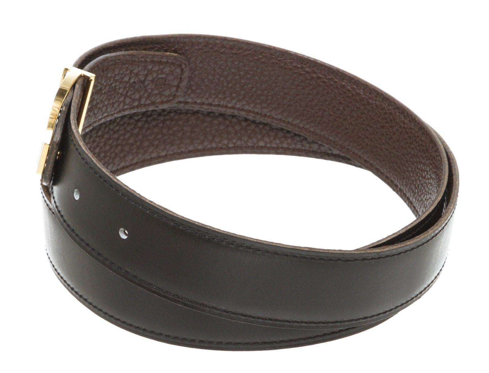 Hermes Vintage Black Brown Togo Leather Etrier Belt 85