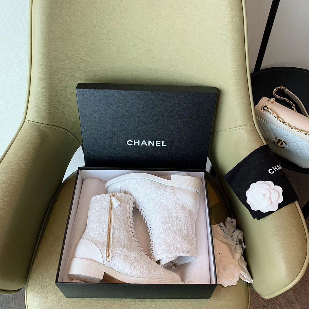 Chanel Tweed Lace Up Combat Boots Calfskin Leather Spring/Summe Collection, White