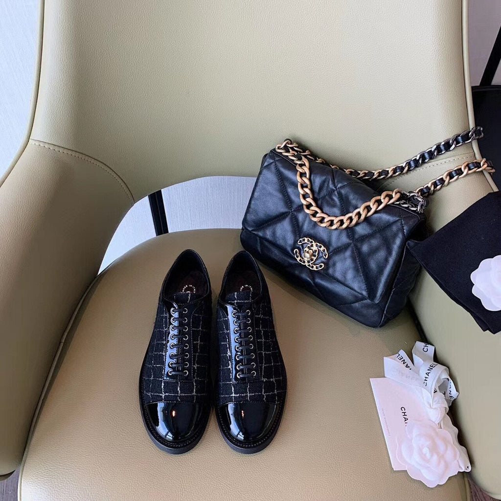 Chanel Tweed Lace Up Shoes Calfskin Leather Spring/Summer Collection Black