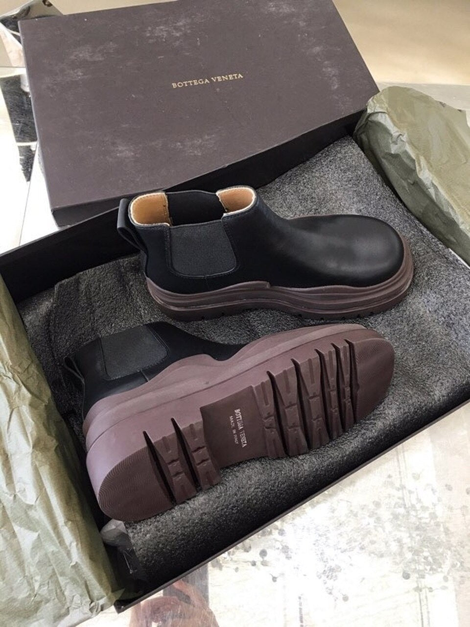 Bottega Veneta Flat Triple-Sole Leather Booties Calfskin Leather Fall/Winter 2020 Collection, Black/Brown