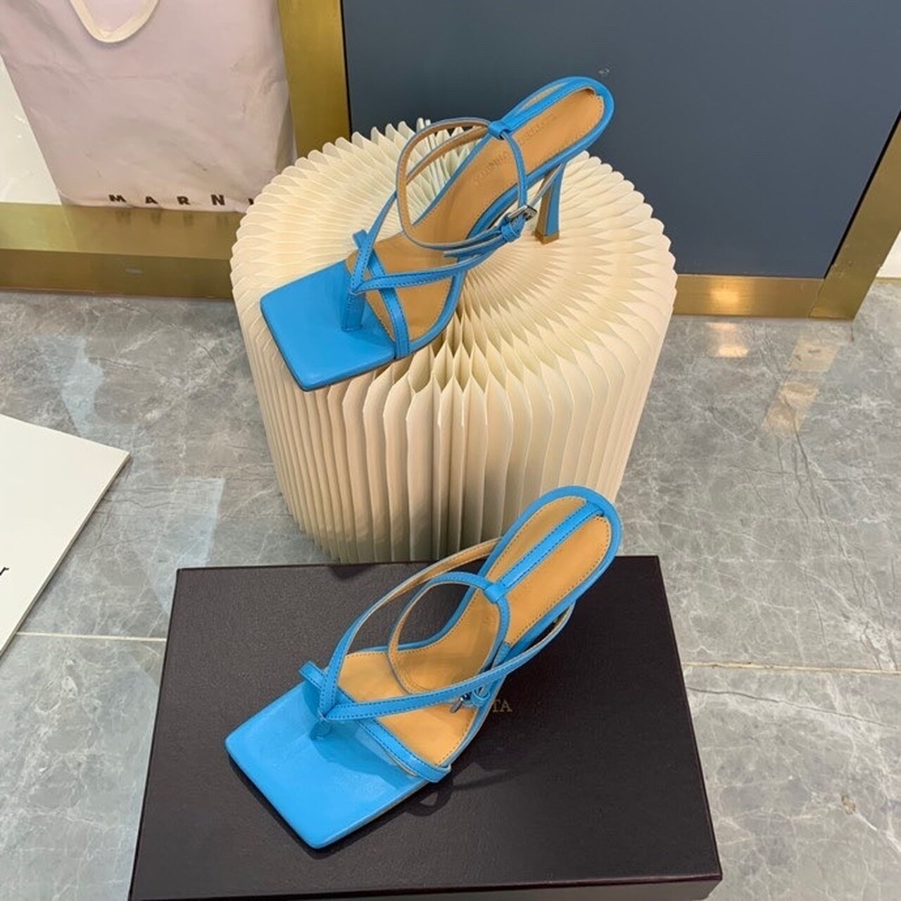 Bottega Veneta Stretch Sandals 9cm Heel Lambskin Leather Spring/Summer 2020 Collection, Turquoise Blue