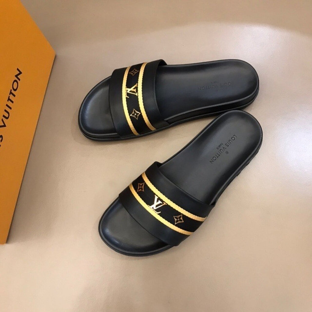 Louis Vuitton Single Strap Mules Mens Sandals Canvas Spring/Summer Collection Black/Gold