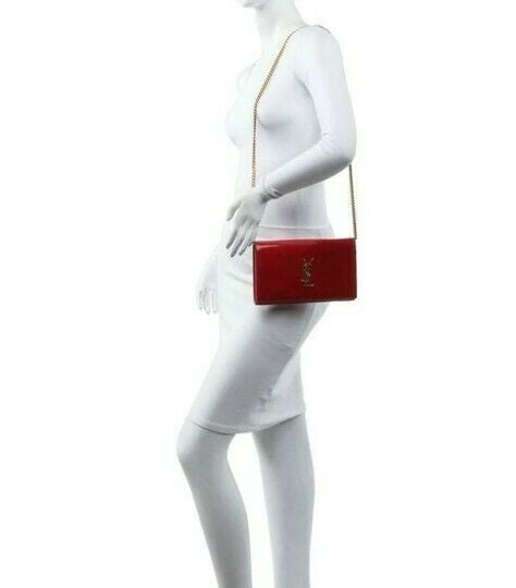 Saint Laurent Monogram Kate Chain Wallet Medium Envelope Red Patent Leather Cross Body Bag