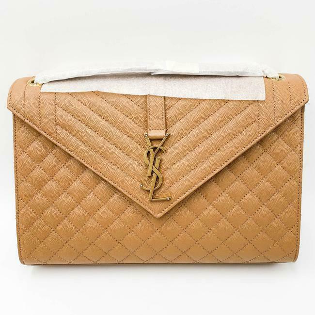 Saint Laurent Envelope Grain De Poudre Mixed Matelasse Large Triquilt Monogram Dune Brown Leather Shoulder Bag