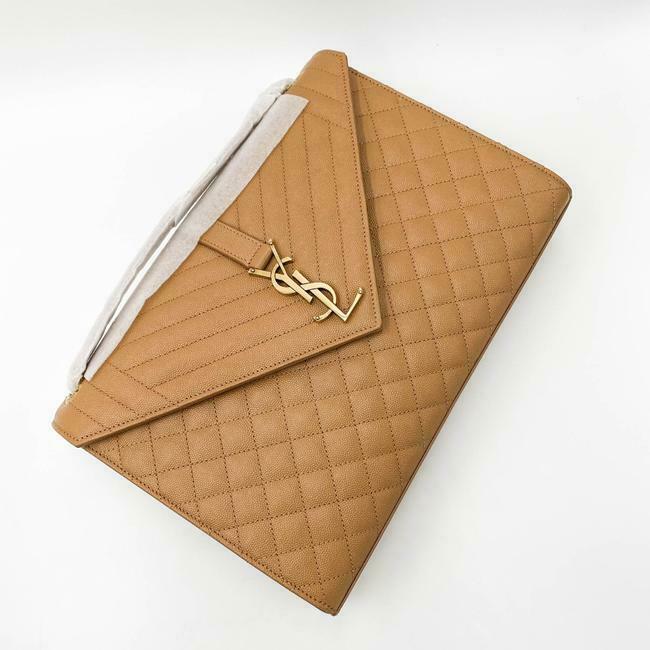 Saint Laurent Envelope Grain De Poudre Mixed Matelasse Large Triquilt Monogram Dune Brown Leather Shoulder Bag