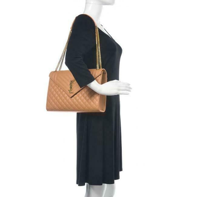 Saint Laurent Envelope Grain De Poudre Mixed Matelasse Large Triquilt Monogram Dune Brown Leather Shoulder Bag