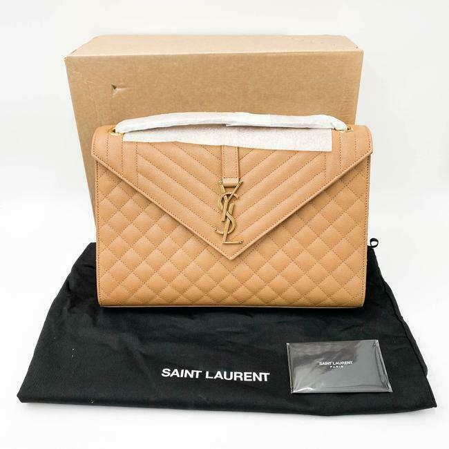 Saint Laurent Envelope Grain De Poudre Mixed Matelasse Large Triquilt Monogram Dune Brown Leather Shoulder Bag