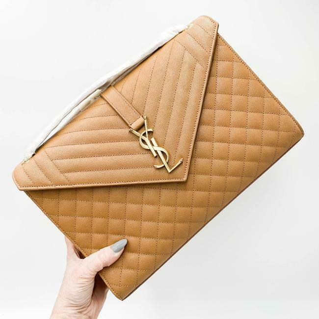 Saint Laurent Envelope Grain De Poudre Mixed Matelasse Large Triquilt Monogram Dune Brown Leather Shoulder Bag