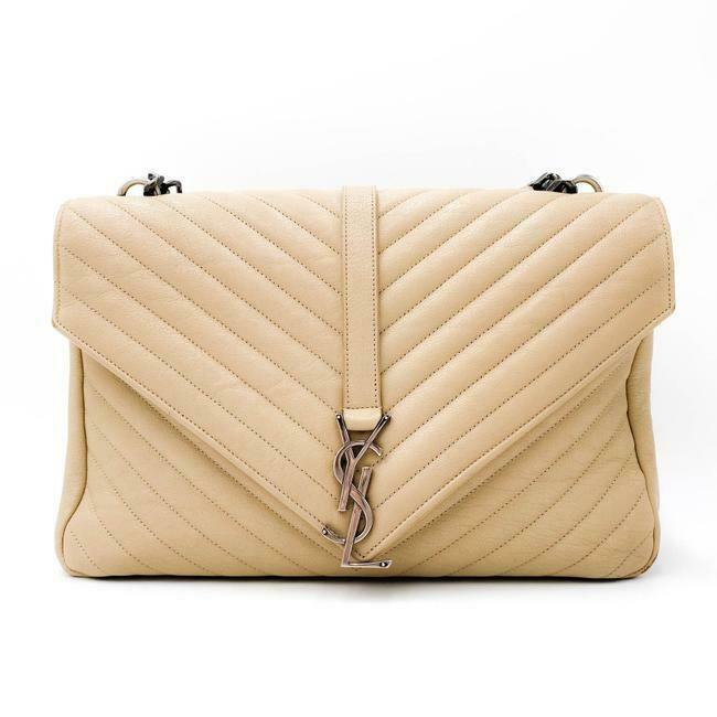Saint Laurent Sheepskin Matelasse Chevron Monogram Large College Satchel Beige Leather Shoulder Bag