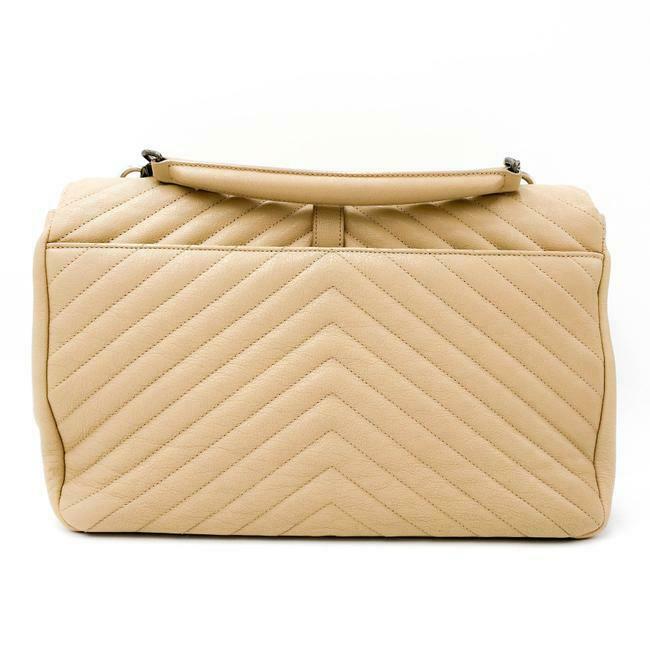 Saint Laurent Sheepskin Matelasse Chevron Monogram Large College Satchel Beige Leather Shoulder Bag