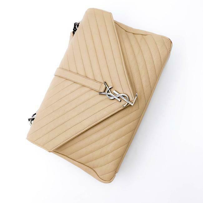 Saint Laurent Sheepskin Matelasse Chevron Monogram Large College Satchel Beige Leather Shoulder Bag