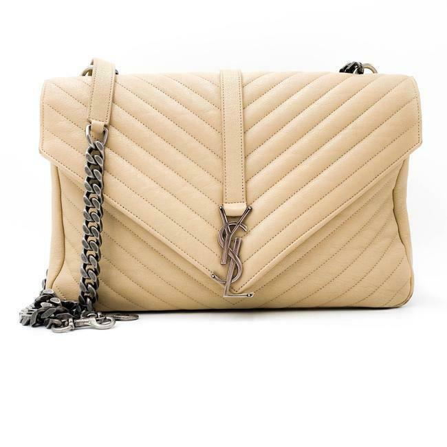 Saint Laurent Sheepskin Matelasse Chevron Monogram Large College Satchel Beige Leather Shoulder Bag