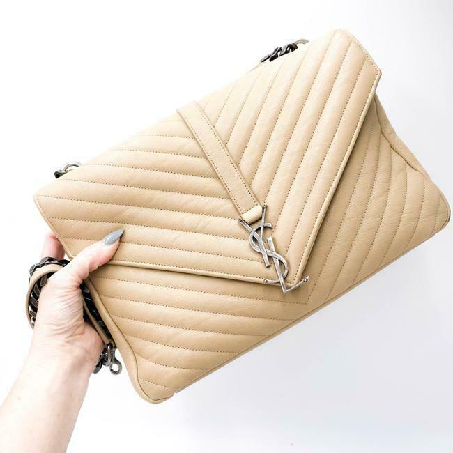 Saint Laurent Sheepskin Matelasse Chevron Monogram Large College Satchel Beige Leather Shoulder Bag
