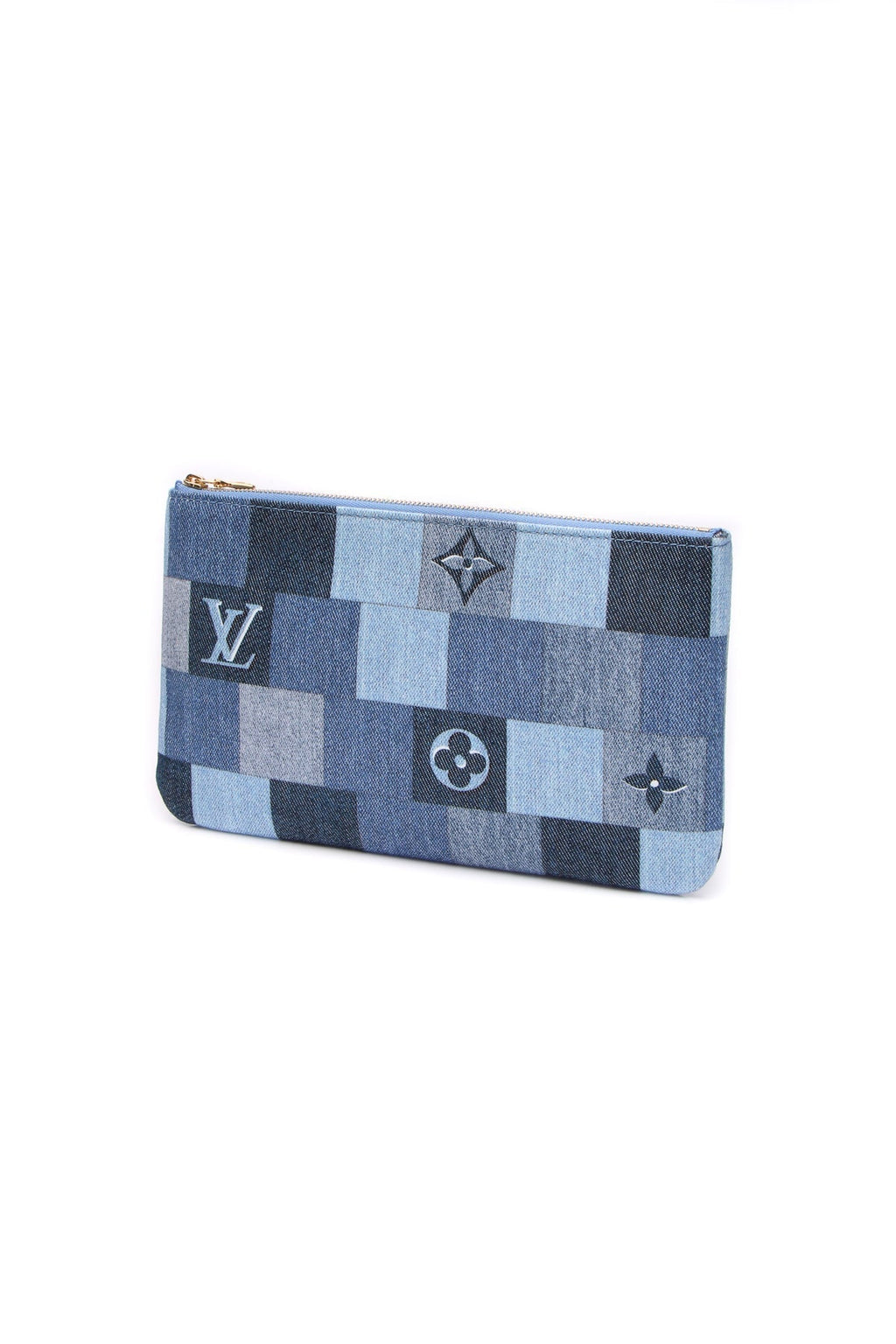 Patchwork Neverfull Pouch Wristlet - Blue Denim Damier